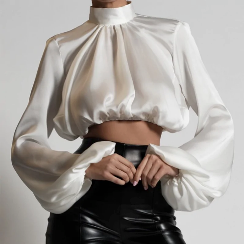 Chic Satin High-Neck Blouse – Elegant Women’s Fashion Shirt