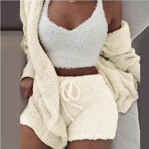 Fluffy Three-Piece Lounge Set – Cozy & Sexy Loungewear Outfit