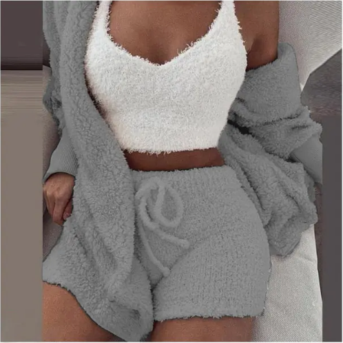 Fluffy Three-Piece Lounge Set – Cozy & Sexy Loungewear Outfit