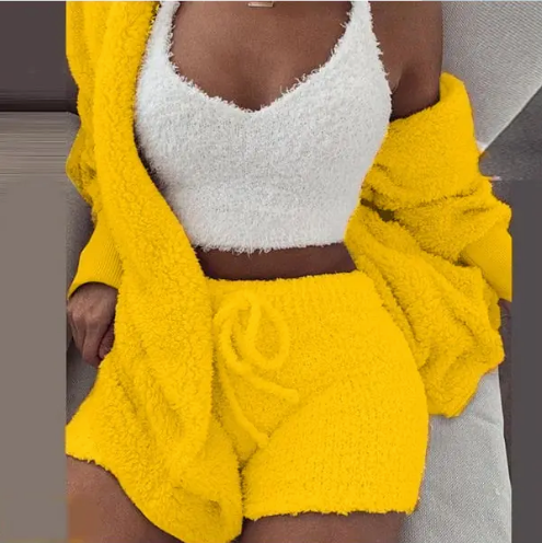 Fluffy Three-Piece Lounge Set – Cozy & Sexy Loungewear Outfit