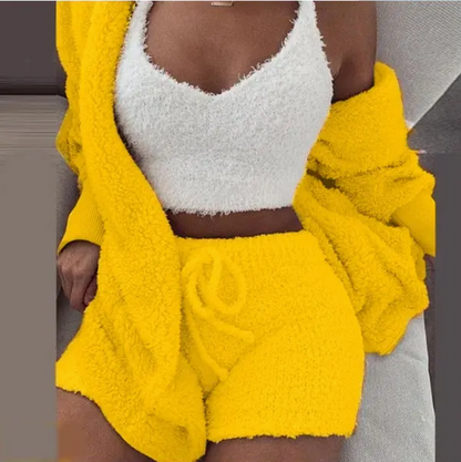 Fluffy Three-Piece Lounge Set – Cozy & Sexy Loungewear Outfit