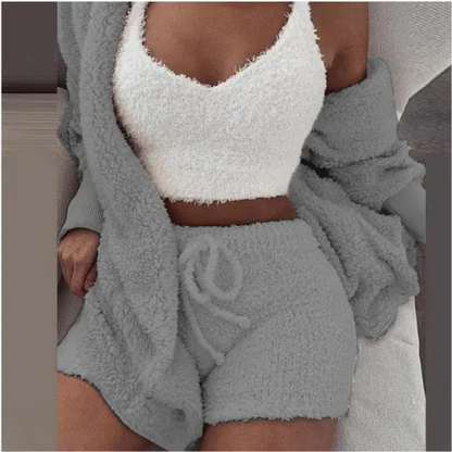 Fluffy Three-Piece Lounge Set – Cozy & Sexy Loungewear Outfit