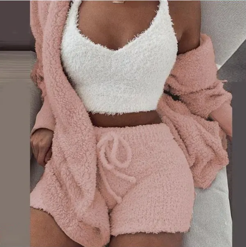 Fluffy Three-Piece Lounge Set – Cozy & Sexy Loungewear Outfit