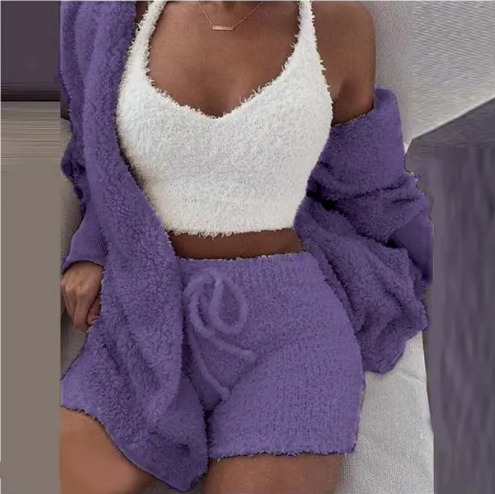 Fluffy Three-Piece Lounge Set – Cozy & Sexy Loungewear Outfit