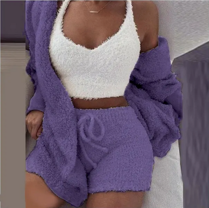 Fluffy Three-Piece Lounge Set – Cozy & Sexy Loungewear Outfit