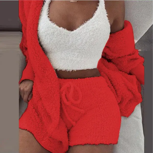 Fluffy Three-Piece Lounge Set – Cozy & Sexy Loungewear Outfit