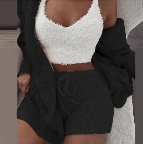 Fluffy Three-Piece Lounge Set – Cozy & Sexy Loungewear Outfit