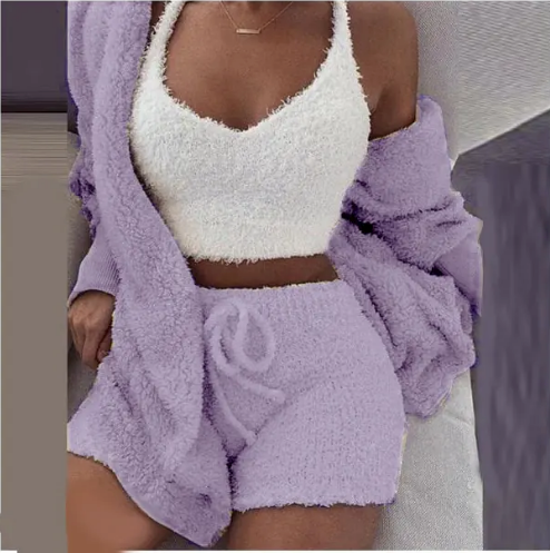 Fluffy Three-Piece Lounge Set – Cozy & Sexy Loungewear Outfit