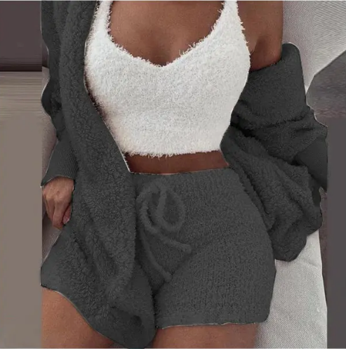Fluffy Three-Piece Lounge Set – Cozy & Sexy Loungewear Outfit